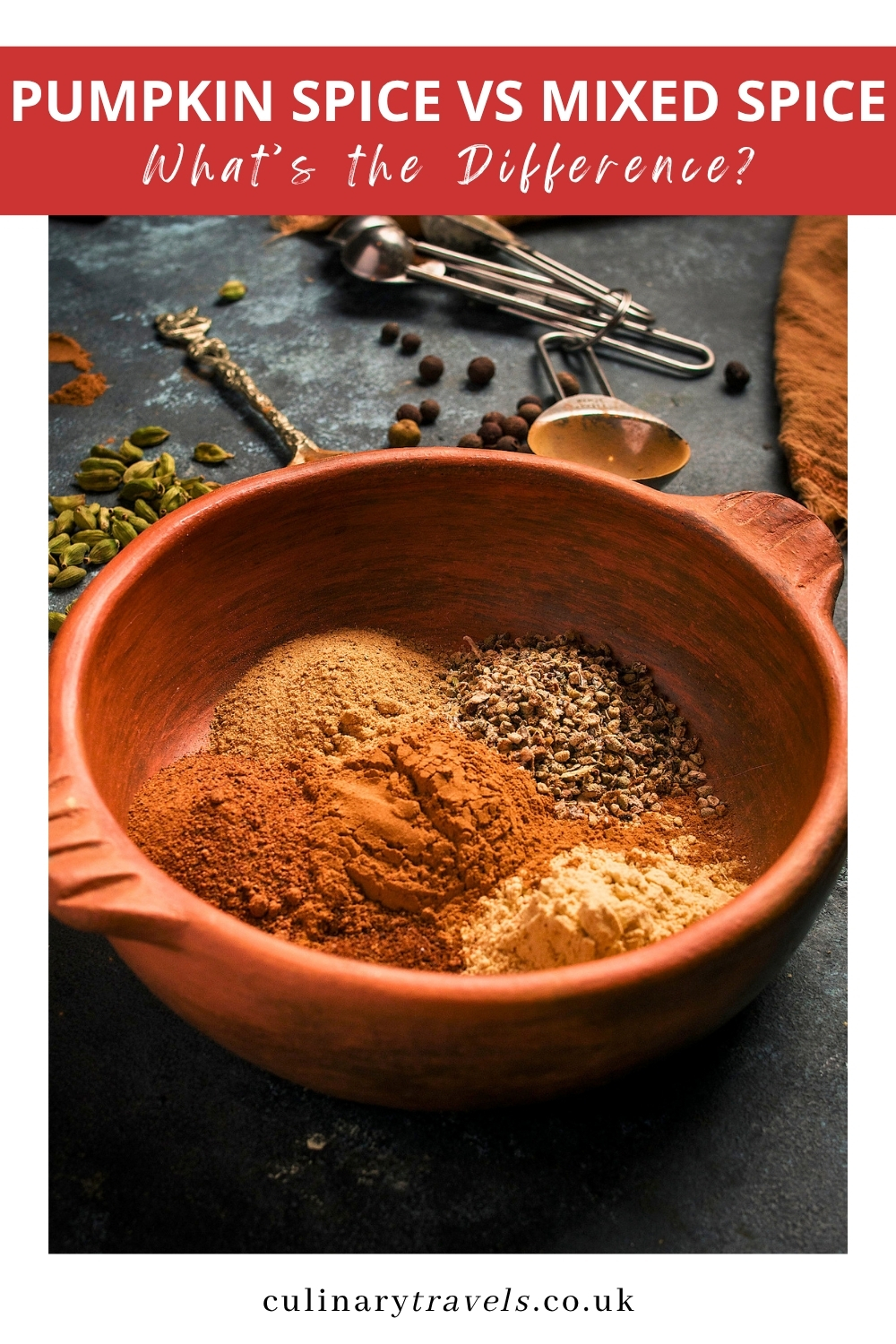 Pinterest graphic showing ground spices in a terracotta bowl with the text “Pumpkin Spice vs Mixed Spice – What’s the Difference?”